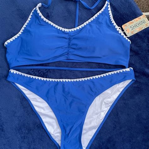 Shekini Swim Shekini Blue Bikini Set With White Trim Nwt Poshmark