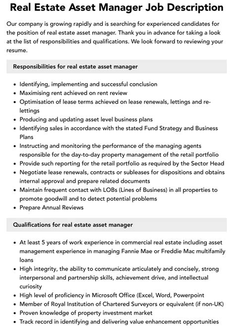 Real Estate Asset Manager Job Description Velvet Jobs