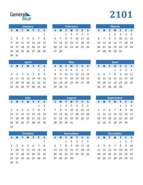 2101 Calendar (PDF, Word, Excel)