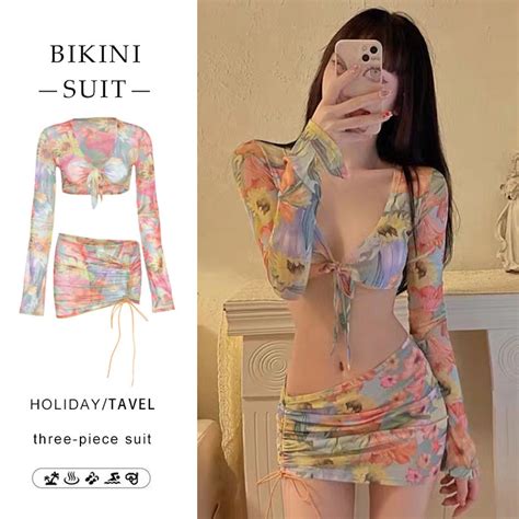 Bikini Women S Three Piece Swimsuit Floral Mesh Ultra Thin T Shirt Briefs Bag Hip Skirt Beach