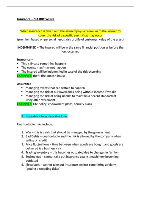 Summary Business Studies Chapter 9: Insurance - Business Studies