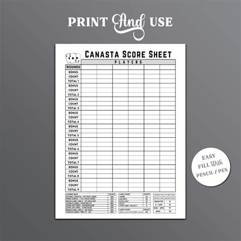 Canasta Score Sheet, Canasta Card Game Score Sheet, Printable Canasta ...