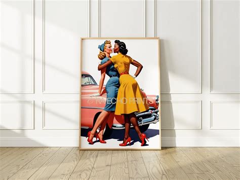 Vibrant 1950 S Inspired Lesbian Art Print Celebrating Love With A Sapphic Twist Featuring
