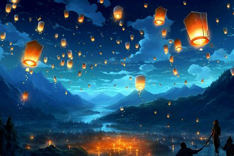 Flying lanterns in the night sky during the diwali festival india, yee ...