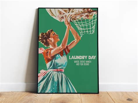 Retro Laundry Day Print Funny Posters Green Utility Room Art Digital ...