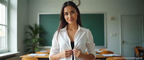 Latina Teacher Unbottling Blouse In Classroom Stable Diffusion Online