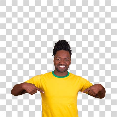 Homem Brasileiro Vestindo Uma Camiseta Do Brasil Apontando Para Baixo