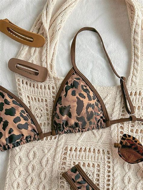 Shein Swim Conjunto De Mai Bikini De Pe As Al A Estampada De On A E Calcinha Recortada