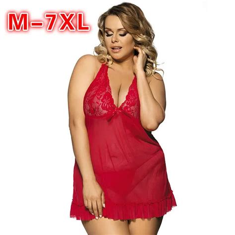 Plus Size M XL Sexy Women Lingerie Full Slips Lace Nightdress Transparent Mesh Nightwear Sexy