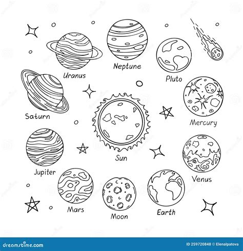 Set Of Doodle Planets From Solar System Stock Vector Illustration Of