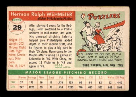 Topps Herman Wehmeier Vg Vgex X Ebay