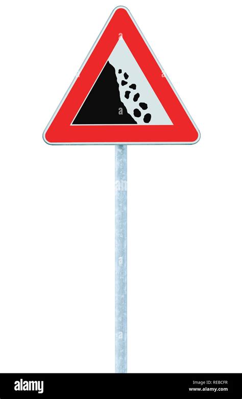 Falling Rocks Risk Caution Road Sign On Pole Post Large Detailed
