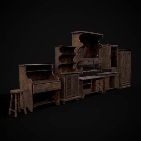 3d Model Collection Rustic Wooden Kitchen Furniture Pack Vr Ar Low