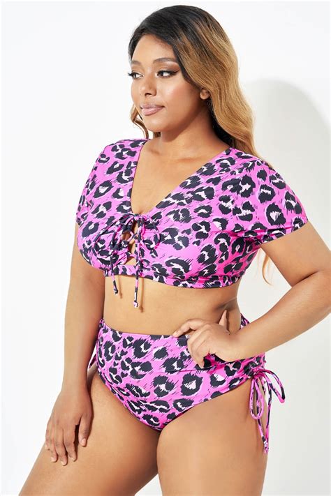 Sexy Pink Leopard Print Lace Up Bikini Top Meet Curve Meet Curve