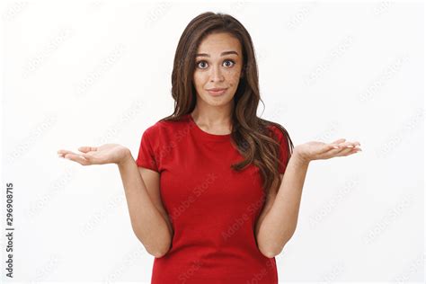 Waist Up Shot Cute Brunette Woman Facing Tough Choice Shrugging Hold Hands Sideways As Picking