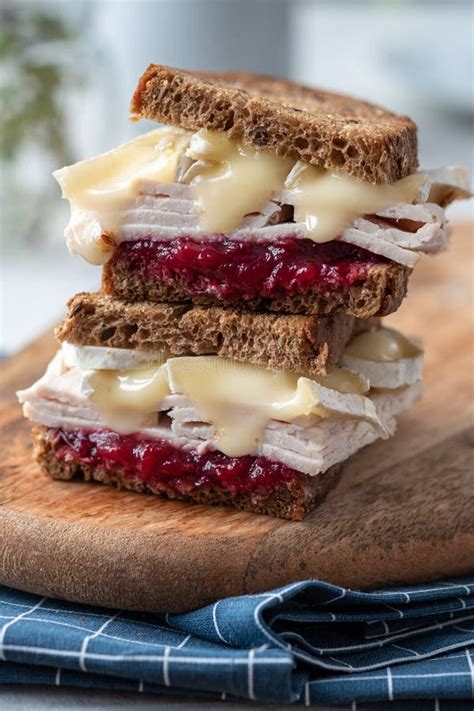 Turkey Sandwich With Brie Cheese And Cranberry Sauce Stock Photo