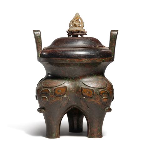 An Archaistic Copper Inlaid Bronze Tripod Censer Ding Ming Dynasty