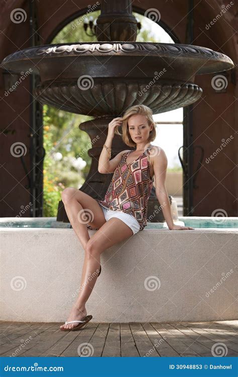 Blonde Beauty Rustic Garden Fountain Stock Image Image Of Colorful Garden 30948853