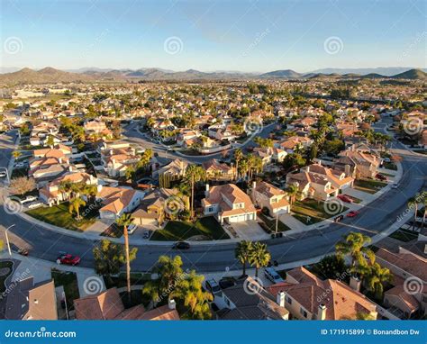 Aerial View Of Menifee Neighborhood Residential Subdivision Vila During Sunset Stock Image