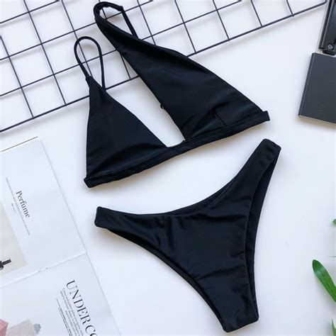 Swimsuit For Women Swimwear Two Piece Bikini Swimming Attire Black Sexy Single Shoulder Seein