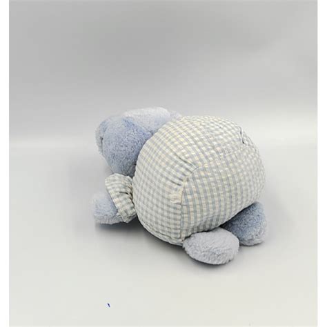 Ancien Doudou Peluche Lapin Boule Bleu Blanc Vichy Nounours