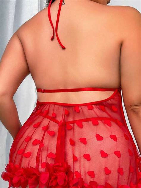 Plus Heart Pattern Contrast Lace Sheer Lingerie Set Shein Uk