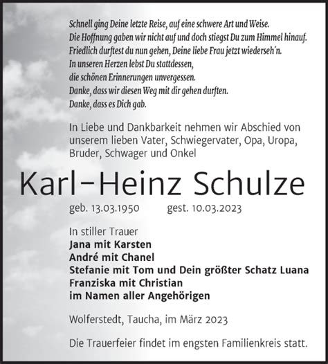 Traueranzeigen Von Karl Heinz Schulze Abschied Nehmen De