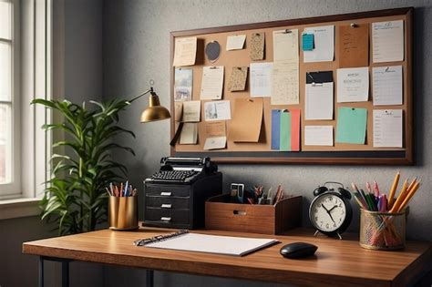 Office Desk With Bulletin Board And Office Organizer Premium Ai