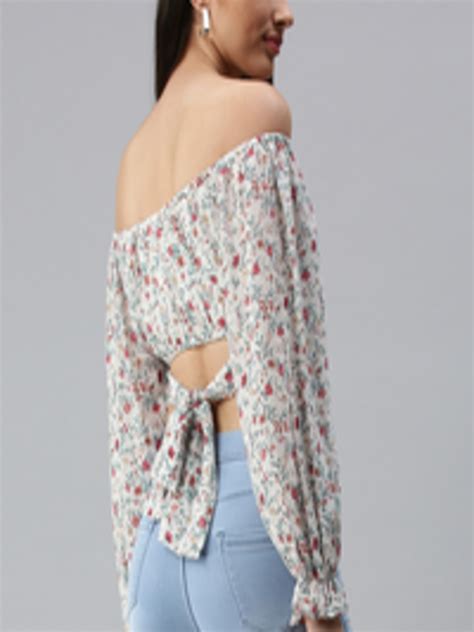 Buy Showoff White Floral Print Off Shoulder Georgette Bardot Crop Top