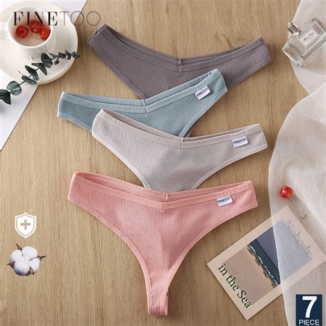 Finetoo Pcs Set M Xl Women Cotton Lingerie Solid Colors Panties G String Sexy V Waist Thongs