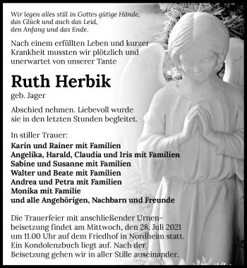 Traueranzeigen Von Ruth Herbik Trauerundgedenken De