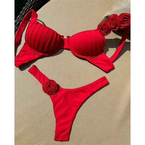 Conjunto De Bikini Rojo Con Realce Para Mujer Traje De Ba O Con Estampado Floral Sexy