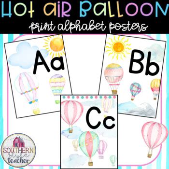 Hot Air Balloon Watercolor Classroom Theme Print Alphabet Posters