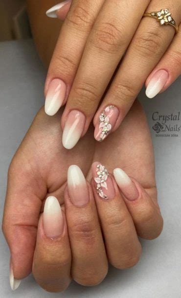 Wedding Nails For Brides Nude Ombre Nails With Flower Embellishment Effects