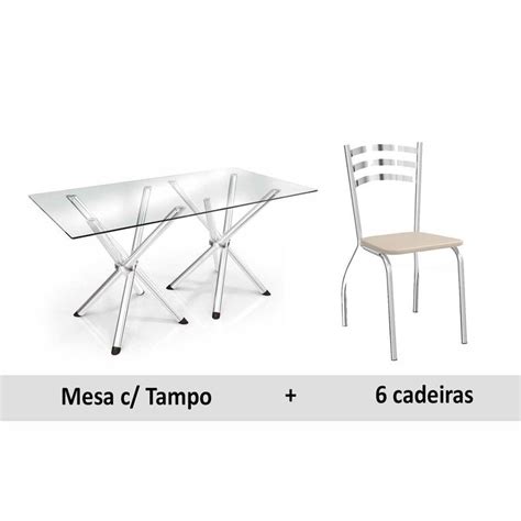 Sala De Jantar Completa Volga C Tampo Vidro 150cm 6 Cadeiras Portugal Cromado Courano Nude