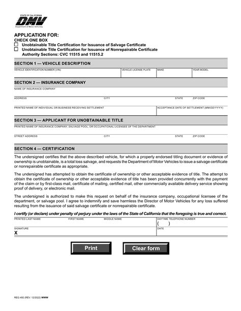 CA DMV Form REG 492. Unobtainable Title Certification for Issuance of