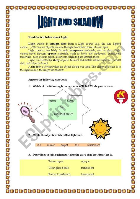 Light And Shadows Year 3 Worksheets