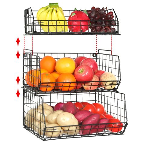 Fruit Vegetable Basket 3 Tier Stackable Fruit Bowl Wall Mounted And Countertop Wire Storage