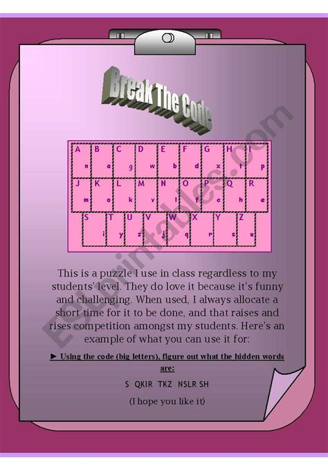 ´break The Code´ Word Puzzle Esl Worksheet By Lua Jzr