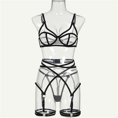 Luxallacki Strappy Sheer Mesh Bra Thong Garter Belt Leg Ring Lingerie Set Ebay