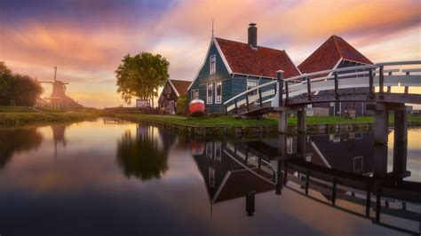 Village Sunset Water Hdr Bridge House Windmill Reflection