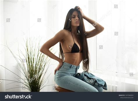 Sexy Brunette Beautiful Breasts Sitting Living Stock Photo 1597980859 Shutterstock
