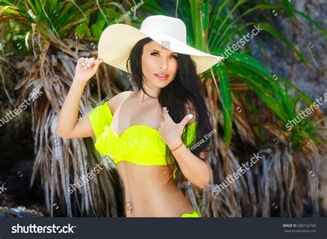 Beautiful Brunette Long Hair Bikini Straw Stock Photo Shutterstock