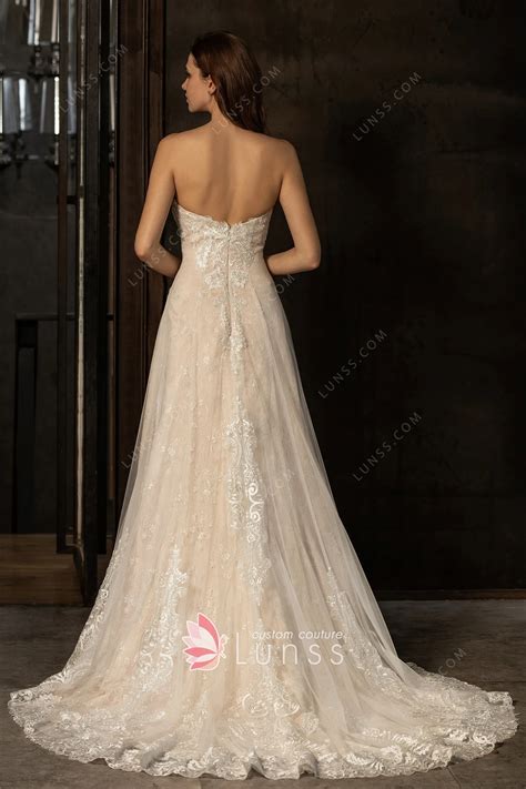 Classic Pink Nude Lace Tulle Sweetheart Neck Bridal Dress Lunss