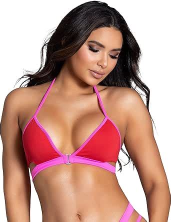 Amazon Yandy Red Hot Pink Small Triangle Cups Halter Straps Hook Front Closure Strappy