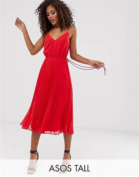 Asos Design Tall Pleated Cami Midi Dress With Drawstring Waist Asos