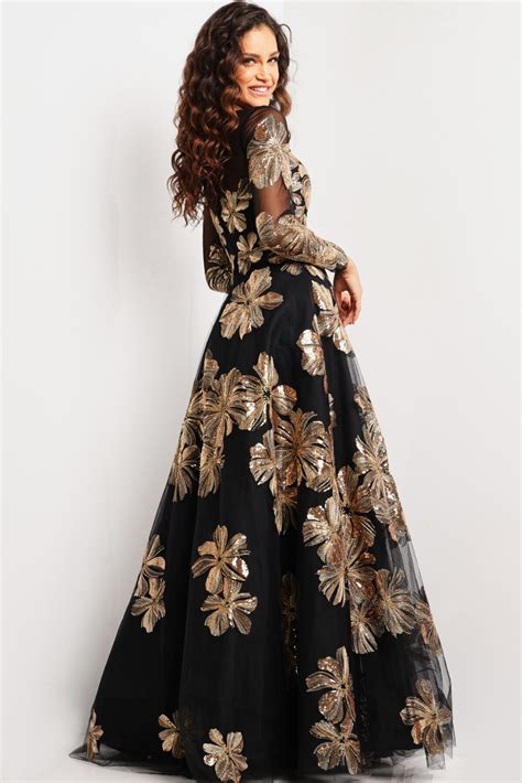Black And Gold Long Sleeve Formal Dress 36716 Jovani