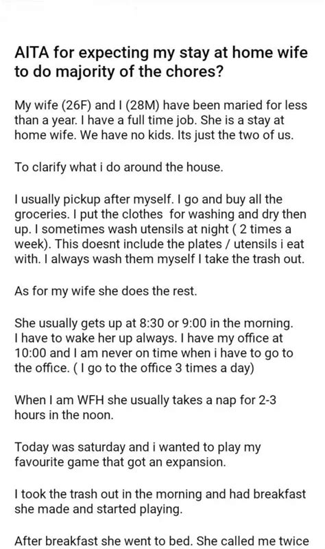 AITA For Expecting My Stay At Home Wife To Do Majority Of The Chores