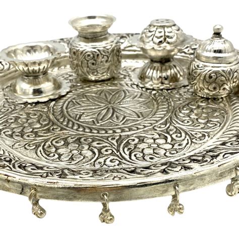 German Silver Pooja Thali Set Thali Aarti Haldi Kumkum Diwali Gift