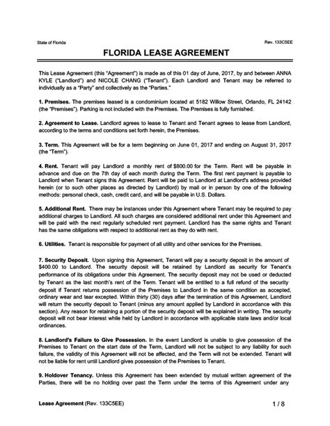 Free Florida Lease Agreement Form Legal Templates